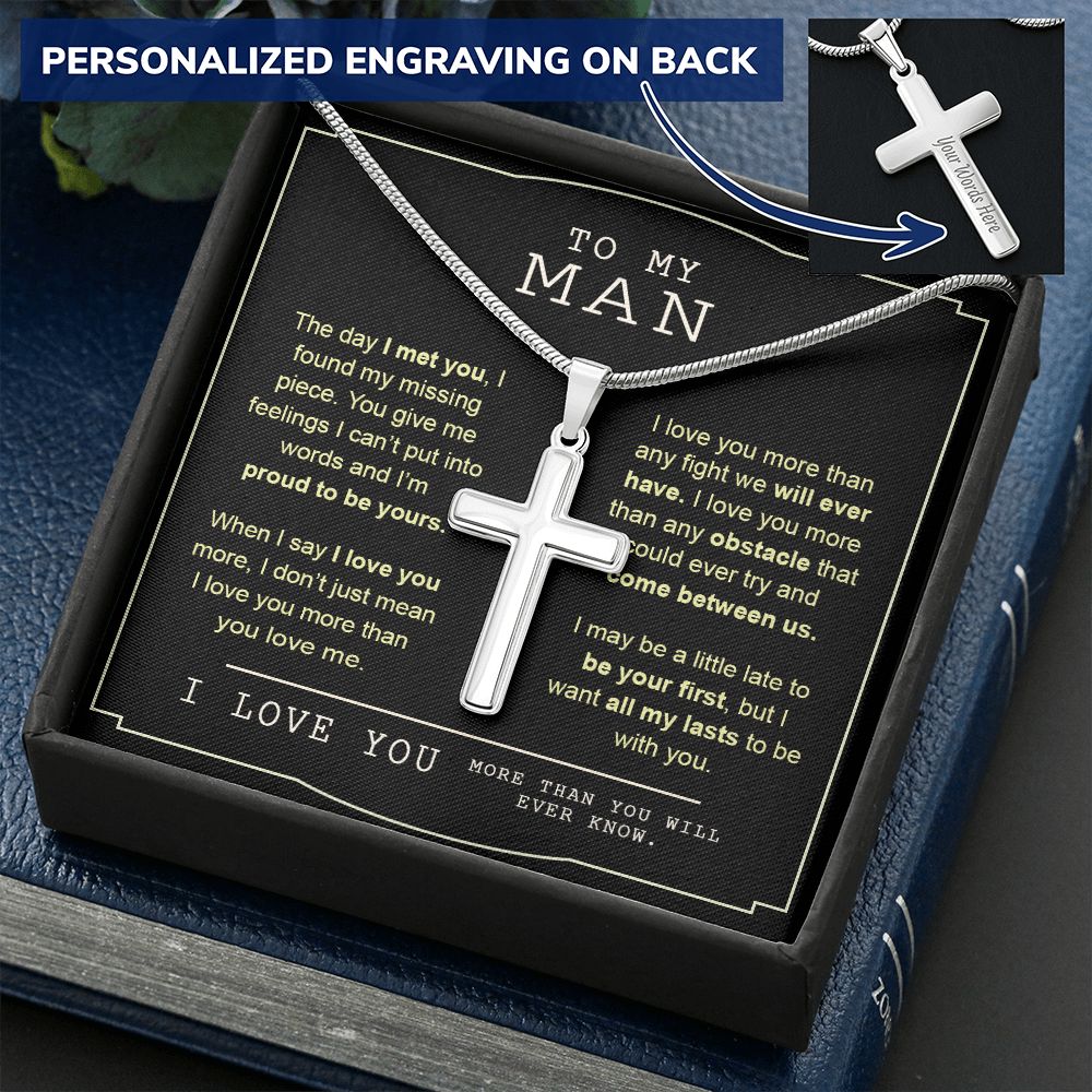 To My Man Necklace Gift or Him Cross Necklace Valentines Day Day For Man Husband From Wife Soulmate Jewelry For Men Stainless Artisan Crafted Cross Necklace with Message Card Luxury Box Personalized Cross Necklace