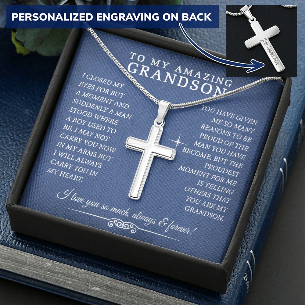 Grandson Gift, To My Grandson Necklace Gifts For Grandson From Grandmother Jewelry For Men Stainless Artisan Crafted Cross Necklace with Message Card Luxury Box Personalized Cross Necklace