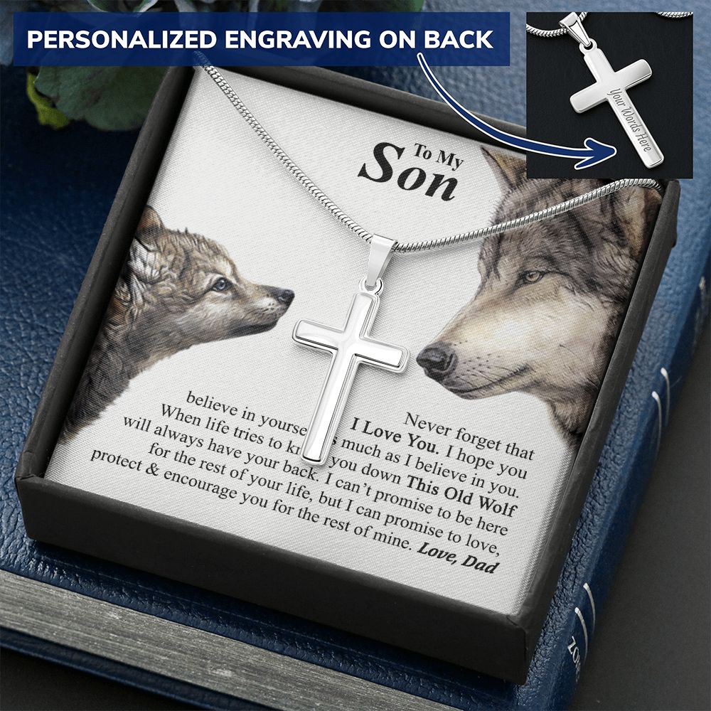 To My Son Cross Necklace From Mom, Mother To Son Jewelry Gift For Son, Cross Necklace For Men Boys, 14K White Gold Stainless Steel Cross Chains Set, Wolf Cross Pendant, Jewelry Gift For Boys, Man Personalized Cross Necklace 2222
