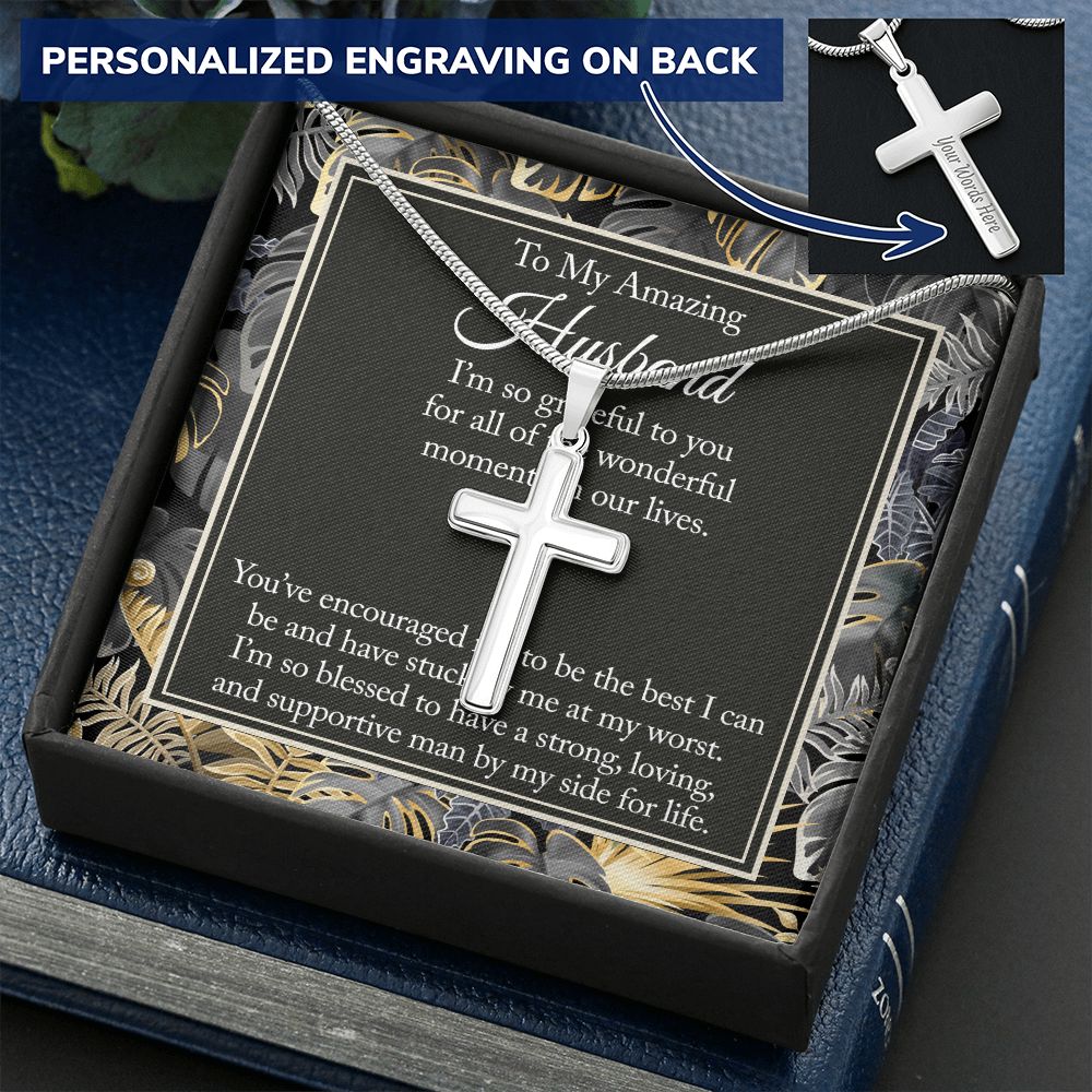 Husband And Wife Gift Necklace, To My Amazing Husband Cross Necklace From Wife Jewelry For Men Stainless Artisan Cross Necklace Gift For Husband, Jewelry Gift For Men, Man Gift Necklace For Him Personalized Cross Necklace 2222
