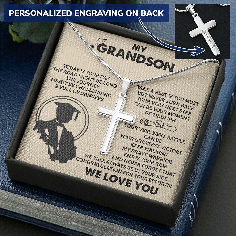 Grandson Birthday Gifts From Grandma Present For Grandson From Grandmother To My Grandson Necklace From Grandparents Cross Chain with Message Card and Gift Box Personalized Cross Necklace