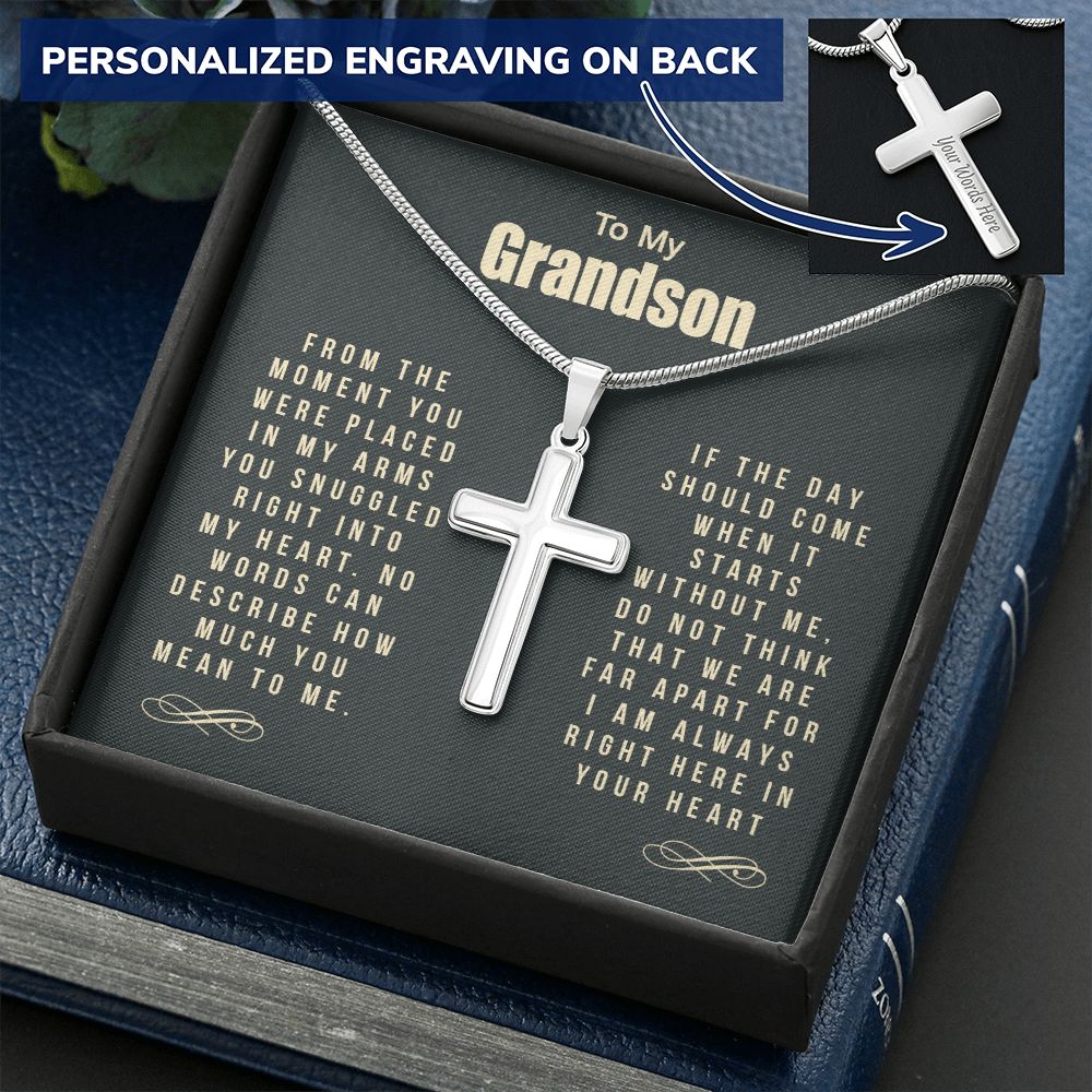 To My Grandson Cross Necklace Gift From Grandma For Grandson Snuggled Right Jewelry For Men Stainless Artisan Crafted Cross Necklace with Message Card Luxury Box Personalized Cross Necklace