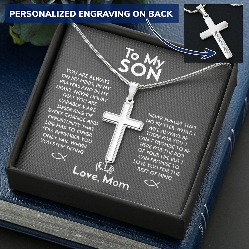 To My Son Necklace From Mom, Son Gifts From Mom and Dad, Mother and Son Necklace, Birthday Gift For My Son Graduation Christmas Faith Cross Necklace Present4 Personalized Cross Necklace