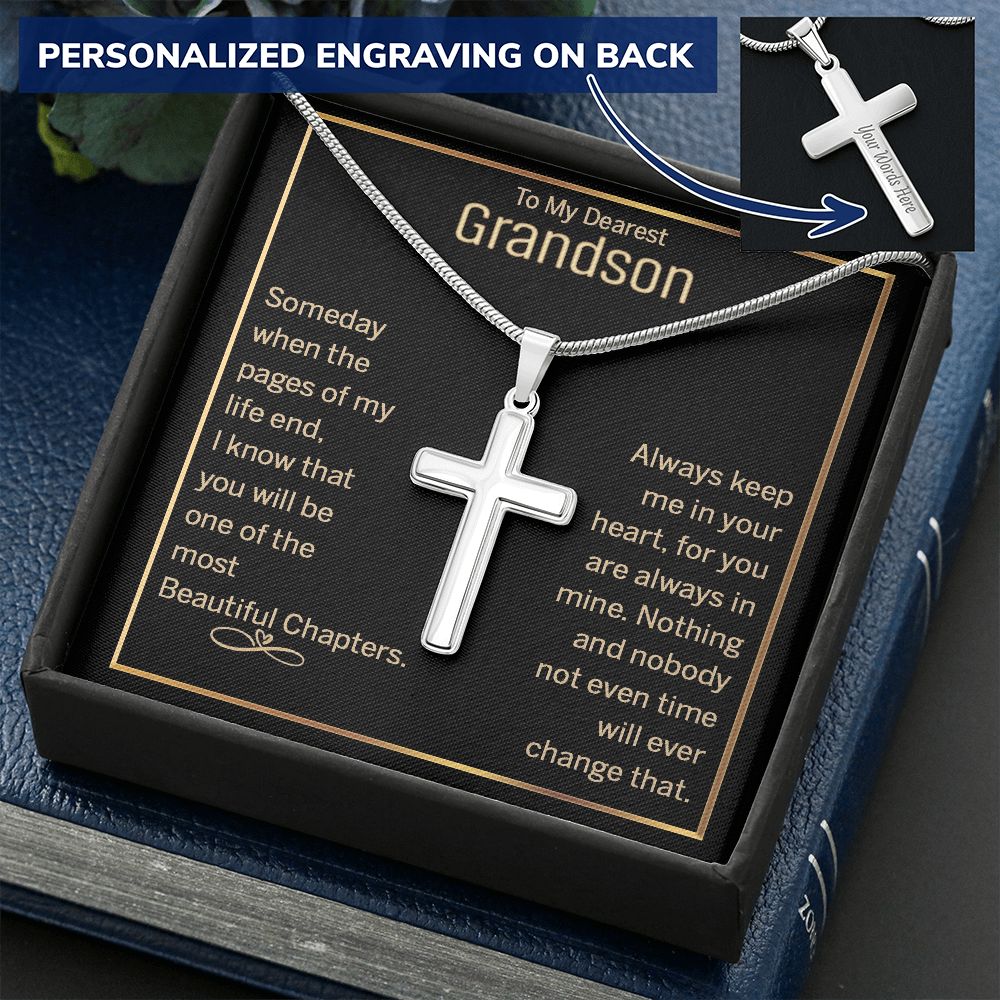 To My Dearest Grandson Cross Necklace From Grandma, Grandson Cross Necklace Pendant Gift On Birthday Christmas Graduation Gift Necklace Anniversary, Jewelry Gift For Boys, Men Cross Necklace Gift