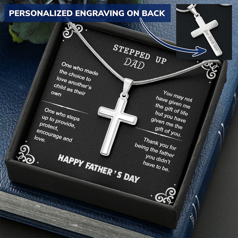 Gift For Stepdad Father's Day Present Idea Stepfather Gifts Bonus Dad Birthday Anniversary From Son Jewelry For Men Stainless Artisan Crafted Cross Necklace with Message Card Luxury Box Personalized Cross Necklace