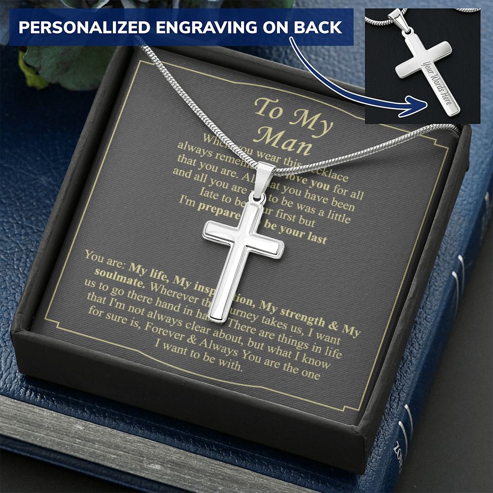 To My Man Cross Necklace Gift For Boyfriend, Boyfriend Birthday Cuban Link Necklace From Soulmate Wife Jewelry For Men Stainless Artisan Crafted Cross Necklace with Message Card Luxury Box Personalized Cross Necklace