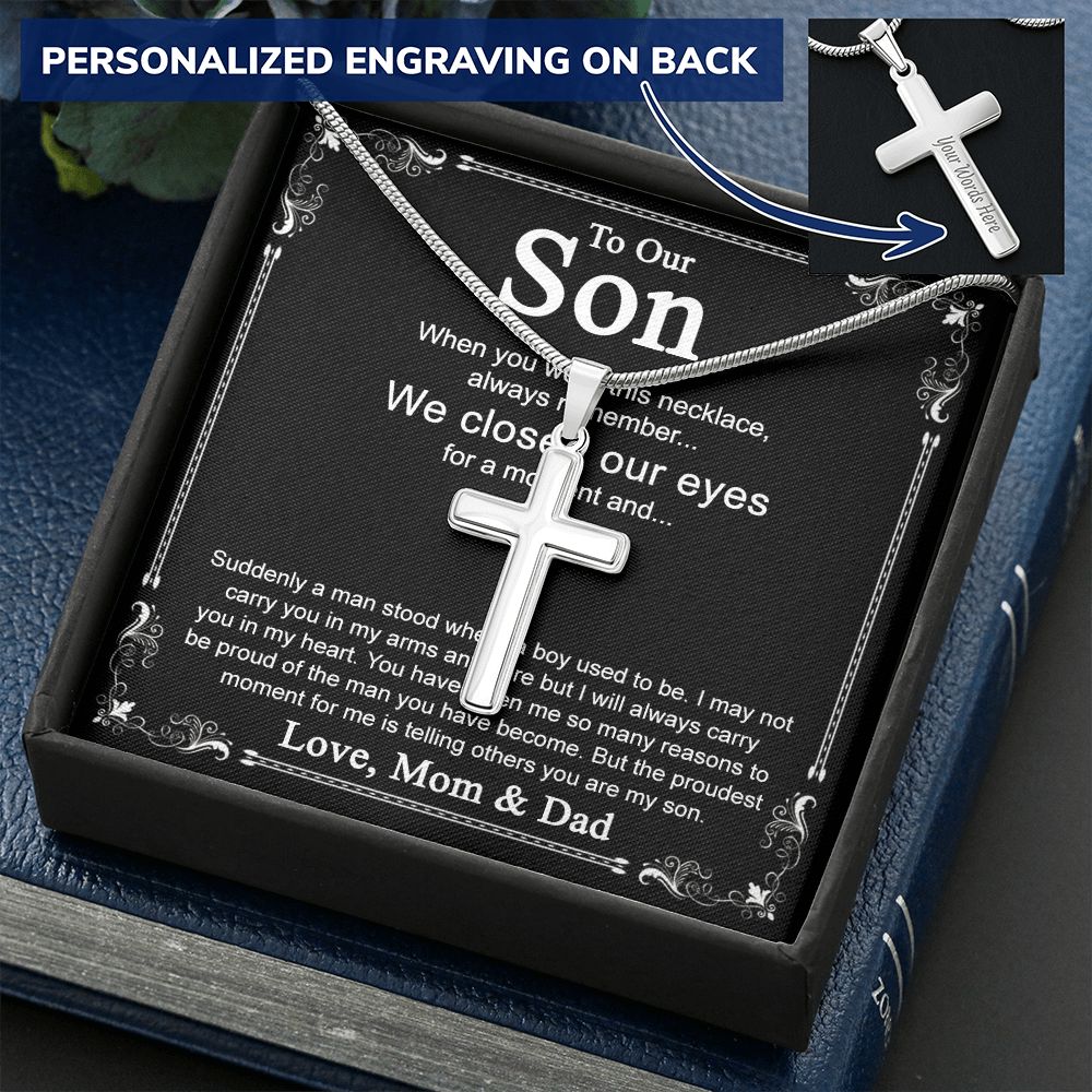 To Our Son Cross Necklace Pendant for Birthday Christmas Graduation Gift Cross Necklace from Dad Mom with Message Card and Gift Box For Son Personalized Gift Necklace for Son From Father and Mother Personalized Cross Necklace 2222