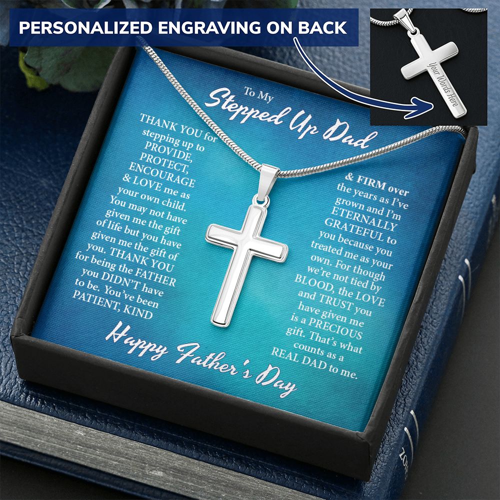 To My Step Dad Cross Necklace, Thank You for Stepping Up Dad To Provide Dad Necklace Gift, 14k Stainless Steel Cross Necklace, Jewelry Gift For Dad On Anniversary Father's Day Graduation Gift Personalized Cross Necklace
