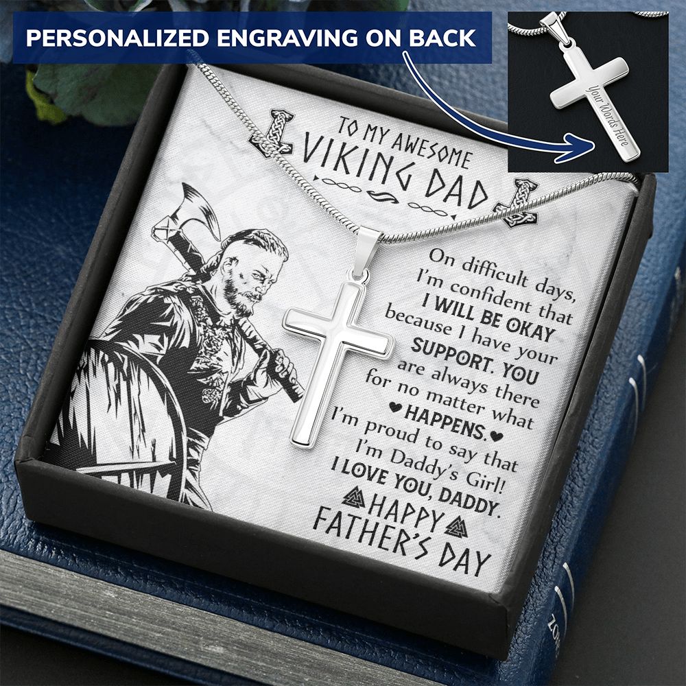 Viking Dad Cross Necklace, Jewelry Gift For Men, To My Awesome Viling Dad Necklace From Daughter, Happy Father's Day Cross Necklace Gift For Him, Daddy's Girl Necklace Gift From Little Girl Necklace Personalized Cross Necklace 2222