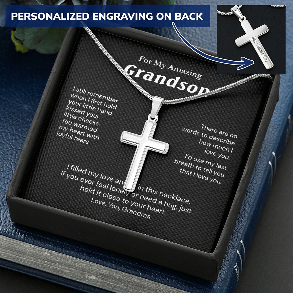 Grandson Birthday Gifts From Grandma Present For Grandson From Grandmother To My Grandson Necklace From Grandparents Cross Chain with Message Card and Gift Box4 Personalized Cross Necklace