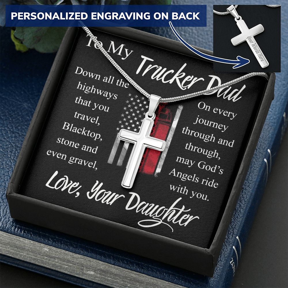 Trucker Dad Gift Necklace, Father And Daughter Cross Necklace, To My Trucker Dad Necklace From Daughter, Jewelry Gift For Men, Mans Gift Necklace For Him, Cross Pendant Gift For Dad From Her Personalized Cross Necklace 2222