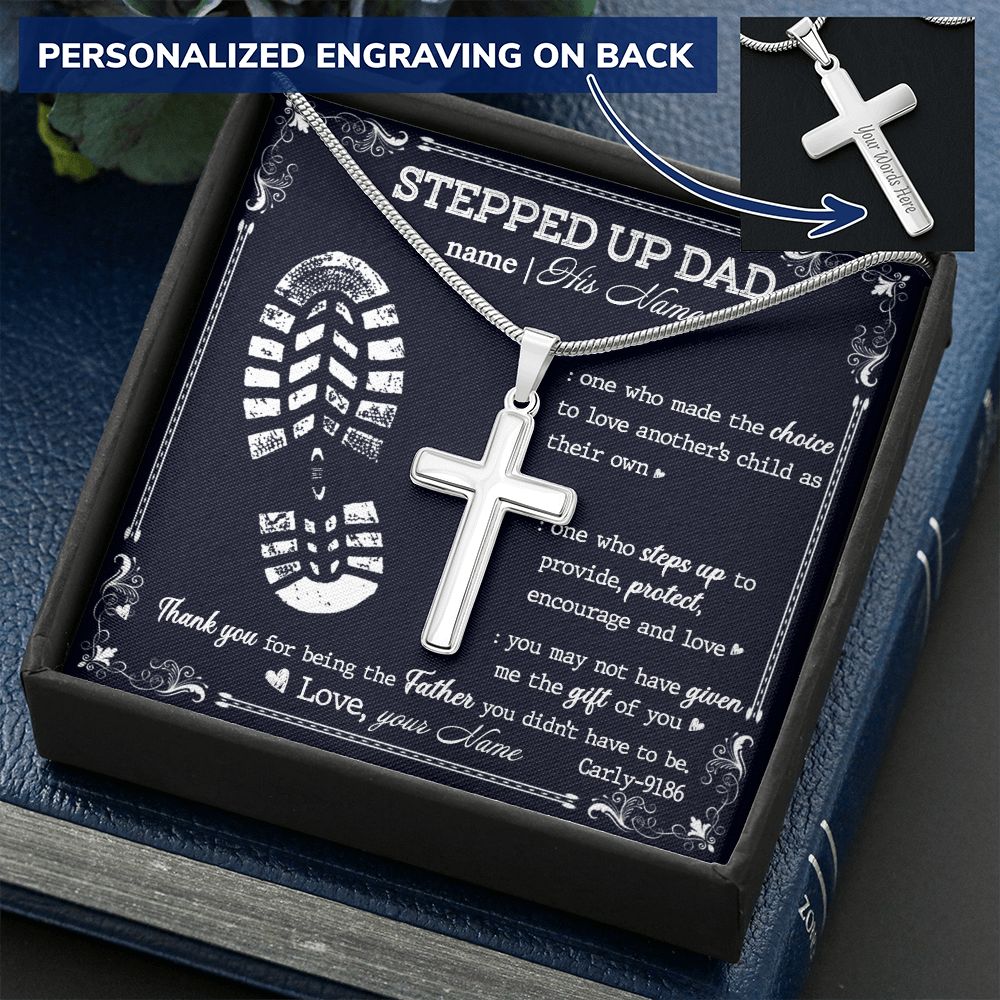 Gift to My Stepped Up Dad Necklace for Stepped Up Dad Stepfather, Thank You for Everything My Step Dad Fathers Day Cards, Father's Day Necklace, Gifts for Step Dads On Father S Day4 Personalized Cross Necklace