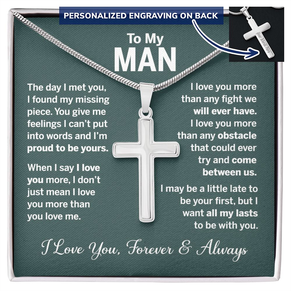 To My Man Cross Necklace From Soulmate, Love You Necklace Forever And Always, Man And Girl Gift Necklace, Jewelry Gift For Men, Mans Gift Pendant Necklace For Him, My Man Necklace Gift From Her Personalized Cross Necklace 2222