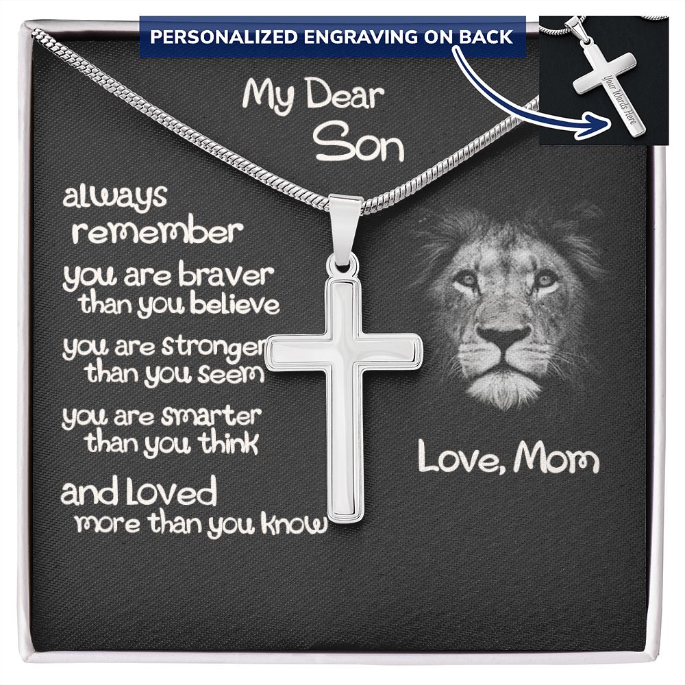 To My Son Cross Necklace Gift From Mom, Son Lion Necklace, Birthday Gifts Cross Necklace For Son, Cross Pendant Gift From Mom, Son Jewelry Gift For Mens Artisan Crafted Cross Necklace Gift To Son Personalized Cross Necklace