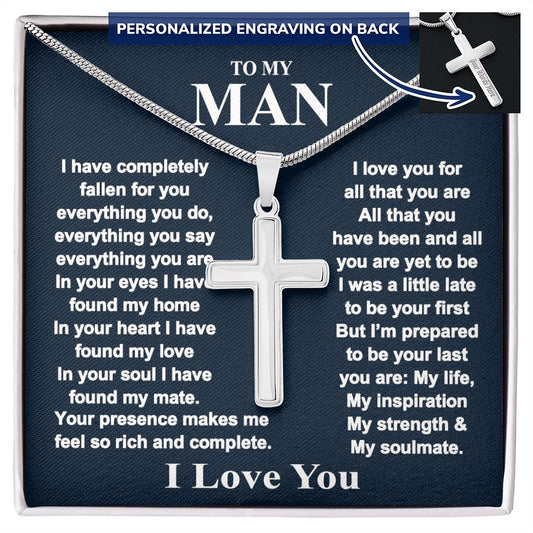 Jewelry For Mens - To My Man Personalized Engraved Cross Necklace Gift From Wife, Girlfriend, Fiancee Box With Card For Boyfriend, Anniversary Necklace, Valentine Day, Birthday Pendant Personalized Cross Necklace