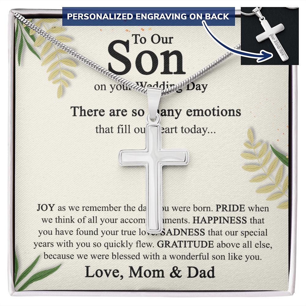 To Our Son on His Wedding Day Cross Necklace, Sentimental Wedding Gifts Cross Necklace from Parents, Son Getting Married, Wedding gift Cross Necklace for Son Wedding Day Gift for Son Jewelry for Men Personalized Cross Necklace 2222
