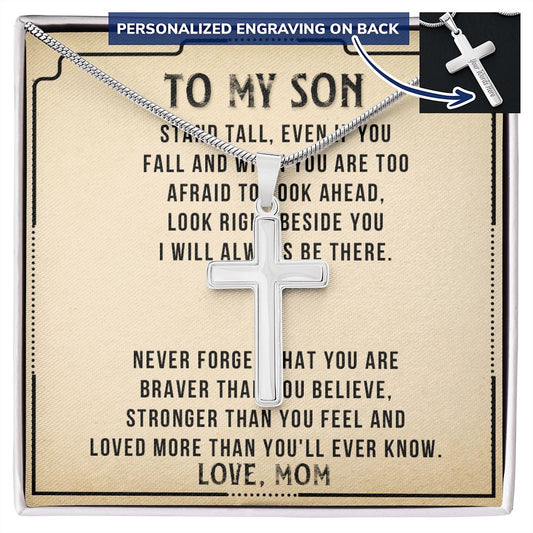 Personalized Necklace Gift For Son, To My Son Cross Necklace from Mom with Message Card and Gift Box, To My Son Cross Necklace for Birthday Graduation Gift For Son, Valentines Gifts for Son