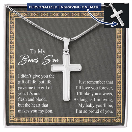 Jewelry For Mens - Bonus Son Necklace Gift, to My Bonus Son Jewelry from Mom, Lion Necklace Pendant, Step Son Gift, for Bonus Son, Adopted Son Gift Necklace, Stepchild Gifts 14K Cross Personalized Cross Necklace 2222