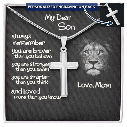 To My Son, Son Gifts, Birthday Gifts For Son, Cross Necklace, From Mom to Son Jewelry For Men Stainless Artisan Crafted Cross Necklace with Message Card Luxury Box Personalized Cross Necklace