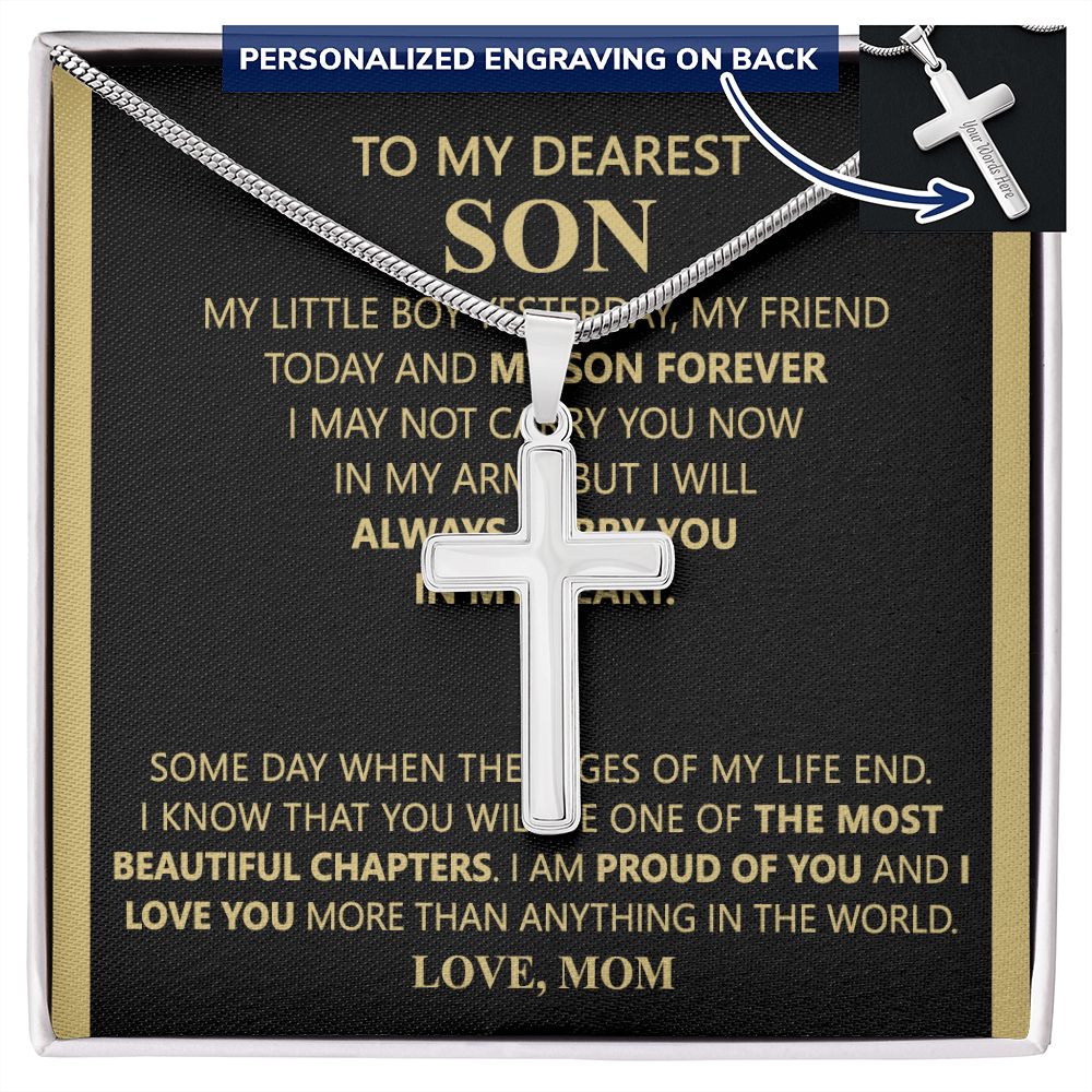 To My Son Link Chain Necklace Gift for Son Birthday, Graduation Christmas Jewelry For Men Stainless Artisan Crafted Cross Necklace with Message Card Luxury Box Personalized Cross Necklace