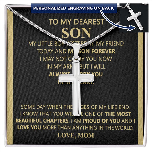To My Son Link Chain Necklace Gift for Son Birthday, Graduation Christmas Jewelry For Men Stainless Artisan Crafted Cross Necklace with Message Card Luxury Box Personalized Cross Necklace