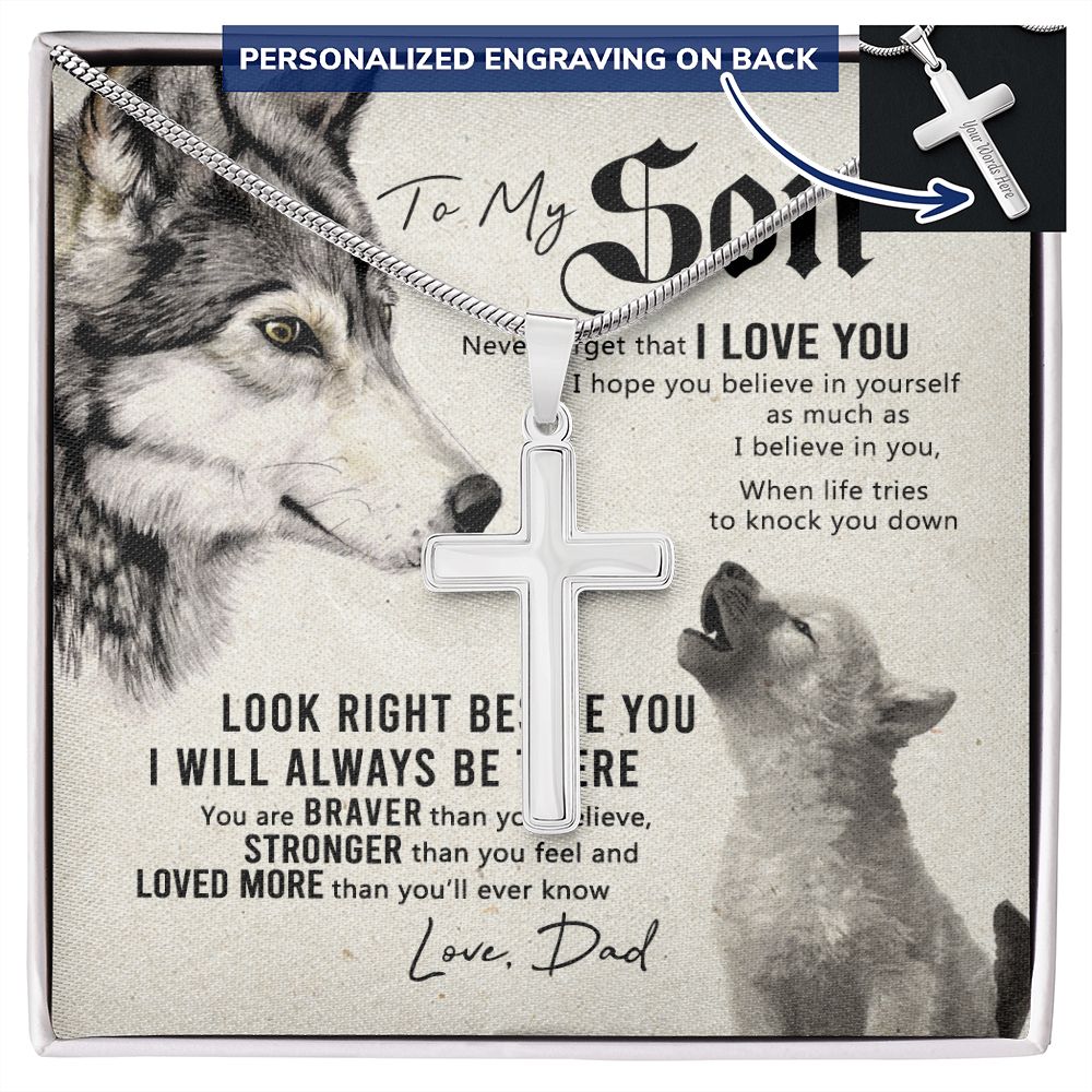 Wolf Father to Son Engraved Cross Necklace Birthday Gift for Son From Dad, Dady Meaningful Jewelry For Men Stainless Artisan Crafted Cross Necklace with Message Card Luxury Boxaa Personalized Cross Necklace