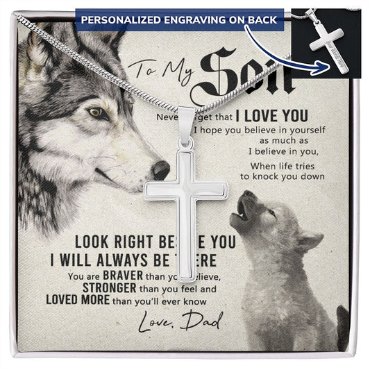 Wolf Father to Son Engraved Cross Necklace Birthday Gift for Son From Dad, Dady Meaningful Jewelry For Men Stainless Artisan Crafted Cross Necklace with Message Card Luxury Boxaa Personalized Cross Necklace