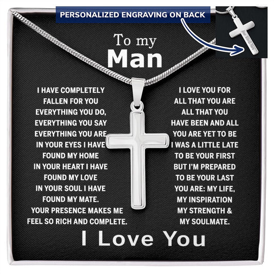 To My Man Cross Necklace Jewelry For Men, Man Necklace Silver From My Love Soulmate Wife Gift Jewelry For Men Stainless Artisan Crafted Cross Necklace with Message Card Luxury Box Personalized Cross Necklace