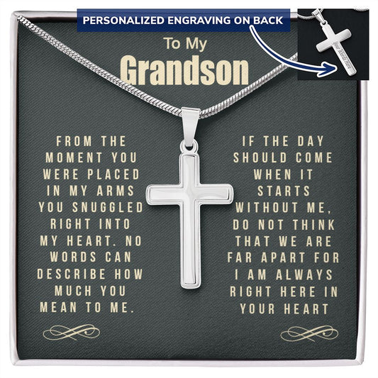 To My Grandson Cross Necklace Gift From Grandma For Grandson Snuggled Right Jewelry For Men Stainless Artisan Crafted Cross Necklace with Message Card Luxury Box Personalized Cross Necklace