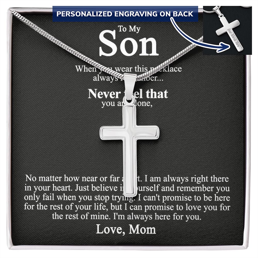 To My Son Cuban Chain Necklace from Mom Gifts for Son for Christmas Gift for Son On Birthday Anniversary Jewelry For Men Stainless Artisan Crafted Cross Necklace with Message Card Luxury Box Personalized Cross Necklace