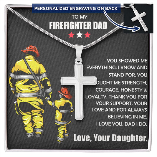 To My FIREFIGHTER Dad Cross Necklace From Son Gift For Dad On Happy Father's Day Jewelry For Men Stainless Artisan Crafted Cross Necklace with Message Card Luxury Box Personalized Cross Necklace