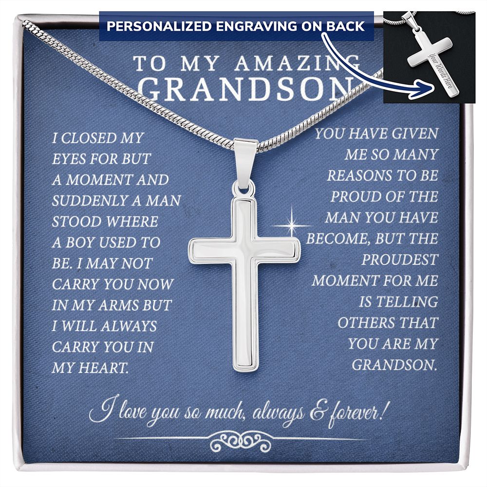 Grandson Gift Cross Necklace, To My Grandson Necklace Gifts For Men Gift Grandson From Grandmother Jewelry Gift For Men Stainless Artisan Cross Necklace Gift For Grandson, Pendant Gift For Boys Personalized Cross Necklace 2222 ShineOnDDH230223-1-14
