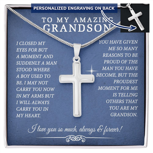 Grandson Gift Cross Necklace, To My Grandson Necklace Gifts For Men Gift Grandson From Grandmother Jewelry Gift For Men Stainless Artisan Cross Necklace Gift For Grandson, Pendant Gift For Boys Personalized Cross Necklace 2222 ShineOnDDH230223-1-14