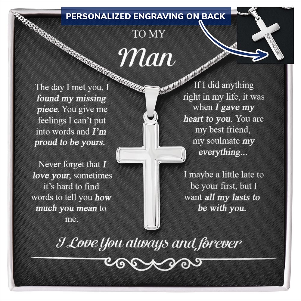 To My Man Cross Necklace From Women Wife Soulmate, Girlfriend To Boyfriend Cross Necklace Birthday Gifts For Man, Anniversary Jewelry Gift For Men, Man Cross Necklace Gift For Him Necklace Pendant Personalized Cross Necklace 2222