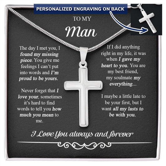 To My Man Cross Necklace From Women Wife Soulmate, Girlfriend To Boyfriend Cross Necklace Birthday Gifts For Man, Anniversary Jewelry Gift For Men, Man Cross Necklace Gift For Him Necklace Pendant Personalized Cross Necklace 2222