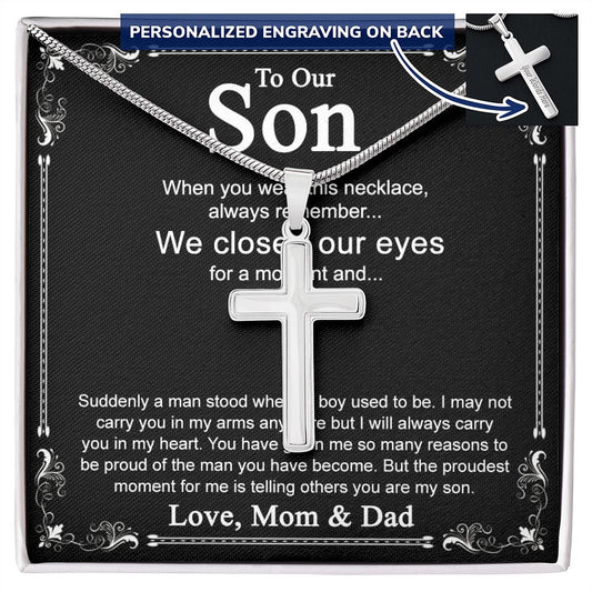 To Our Son Cross Necklace Pendant for Birthday Christmas Graduation Gift Cross Necklace from Dad Mom with Message Card and Gift Box For Son Personalized Gift Necklace for Son From Father and Mother Personalized Cross Necklace