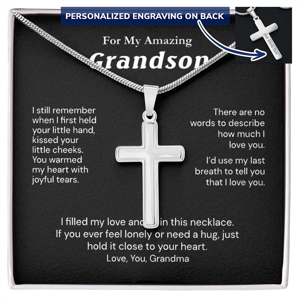 To My Grandson Cross Necklace From Grandma, Gift Necklace for My Amazing Grandson Cross Necklace Gift From Grandma And grandson Gift Cross Necklace On Birthday, Graduation Jewelry Gift For Boys, Him Personalized Cross Necklace 2222