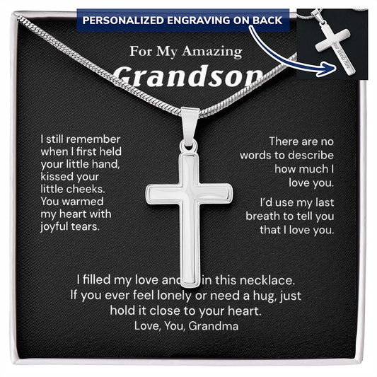 To My Grandson Cross Necklace From Grandma, Gift Necklace for My Amazing Grandson Cross Necklace Gift From Grandma And grandson Gift Cross Necklace On Birthday, Graduation Jewelry Gift For Boys, Him Personalized Cross Necklace 2222