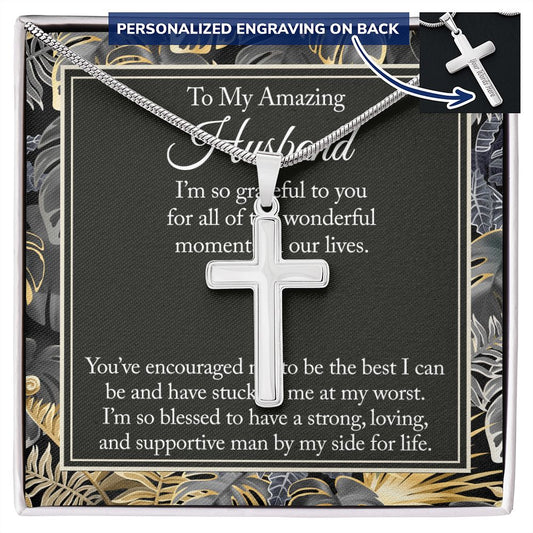 Husband And Wife Gift Necklace, To My Amazing Husband Cross Necklace From Wife Jewelry For Men Stainless Artisan Cross Necklace Gift For Husband, Jewelry Gift For Men, Man Gift Necklace For Him Personalized Cross Necklace 2222