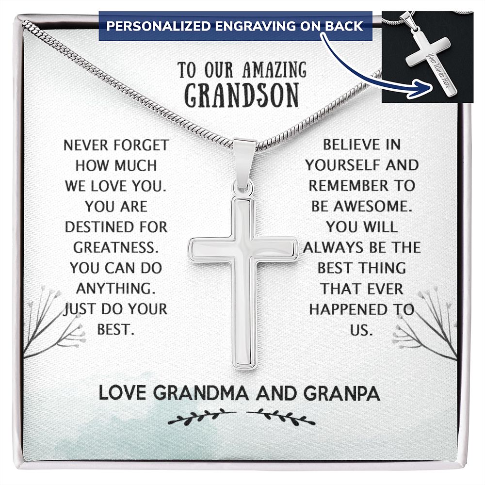 To Our Amazing Grandson Cross Necklace Gifts From Grandma, Christmas Necklace Graduation Gift Necklace, To My Grandson Personalized Gift Necklace From Grandpa Grandfather Gift Necklace For Grandson Personalized Cross Necklace 2222