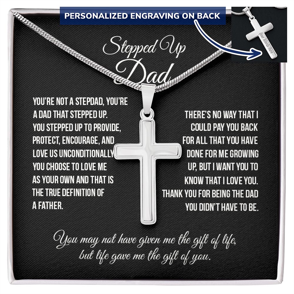 Stepped Up Dad Cross Necklace, To My Stepped Up Dad Cross Necklace From Stepped Up Daughter, Father And Daughter Necklace, Jewelry Gift For Men, Bonus Dad Gift Necklace On Father's Day For Dad