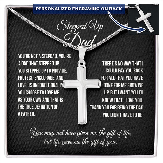 Stepped Up Dad Cross Necklace, To My Stepped Up Dad Cross Necklace From Stepped Up Daughter, Father And Daughter Necklace, Jewelry Gift For Men, Bonus Dad Gift Necklace On Father's Day For Dad