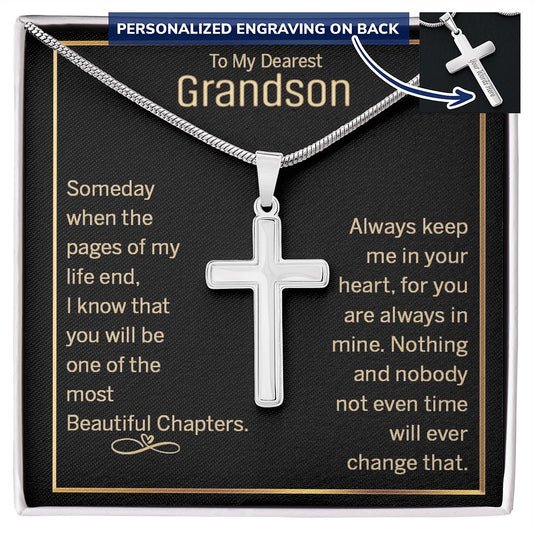 To My Dearest Grandson Cross Necklace From Grandma, Grandson Cross Necklace Pendant Gift On Birthday Christmas Graduation Gift Necklace Anniversary, Jewelry Gift For Boys, Men Cross Necklace Gift