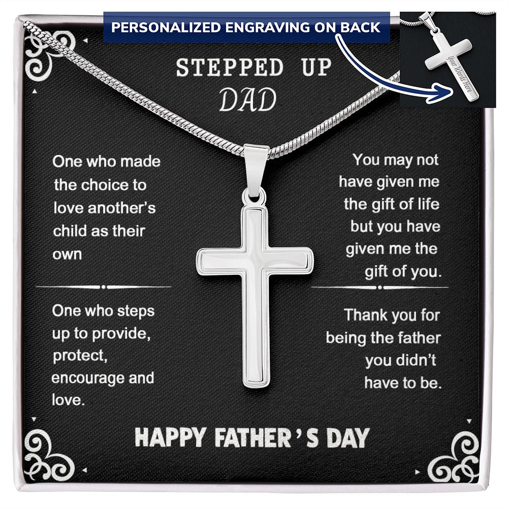 Stepped Up Dad Cross Necklace From Son, Happy Father's Day Necklace Gìt For Dad, Father And Son Gift Necklace, Stepped Up Dad Gift Necklace, To My Dad Cross Necklace From Son, Jewelry Gift For Men