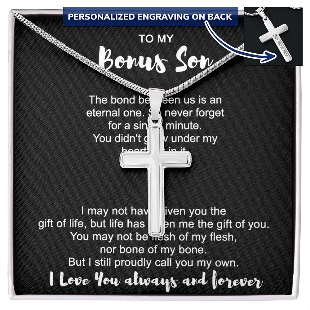 To Mu Bonus Son Cross Necklace From Mom for Bonus Son, Stepson Birthday Gift Graduation Gift, Jewelry Cross Gift For Boys, Men Stainless Artisan Crafted Cross 14k Necklace, Bonus Son Gift Necklace