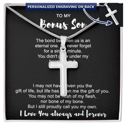 To Mu Bonus Son Cross Necklace From Mom for Bonus Son, Stepson Birthday Gift Graduation Gift, Jewelry Cross Gift For Boys, Men Stainless Artisan Crafted Cross 14k Necklace, Bonus Son Gift Necklace