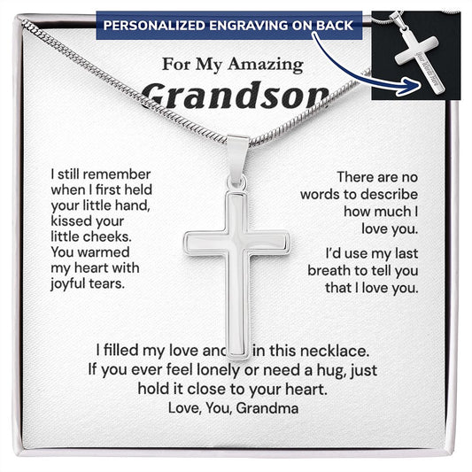 Grandson Birthday Gifts From Grandma Present For Grandson From Grandmother To My Grandson Necklace From Grandparents Cross Chain with Message Card and Gift Box5 Personalized Cross Necklace