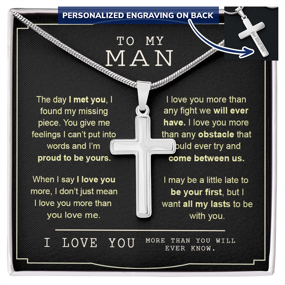 To My Man Necklace Gift or Him Cross Necklace Valentines Day Day For Man Husband From Wife Soulmate Jewelry For Men Stainless Artisan Crafted Cross Necklace with Message Card Luxury Box Personalized Cross Necklace