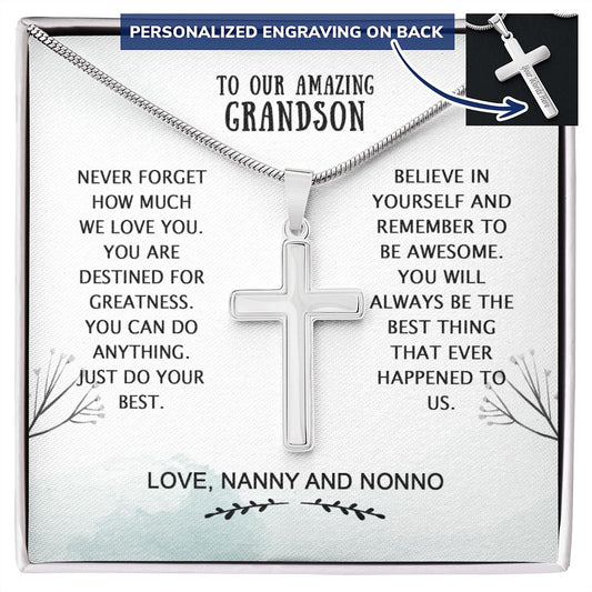 To Our Amazing Grandson Cross Necklace Gifts From Grandma, Christmas Necklace Graduation Gift Necklace, To My Grandson Personalized Gift Necklace From Grandpa Grandfather Gift Necklace For Grandson Personalized Cross Necklace