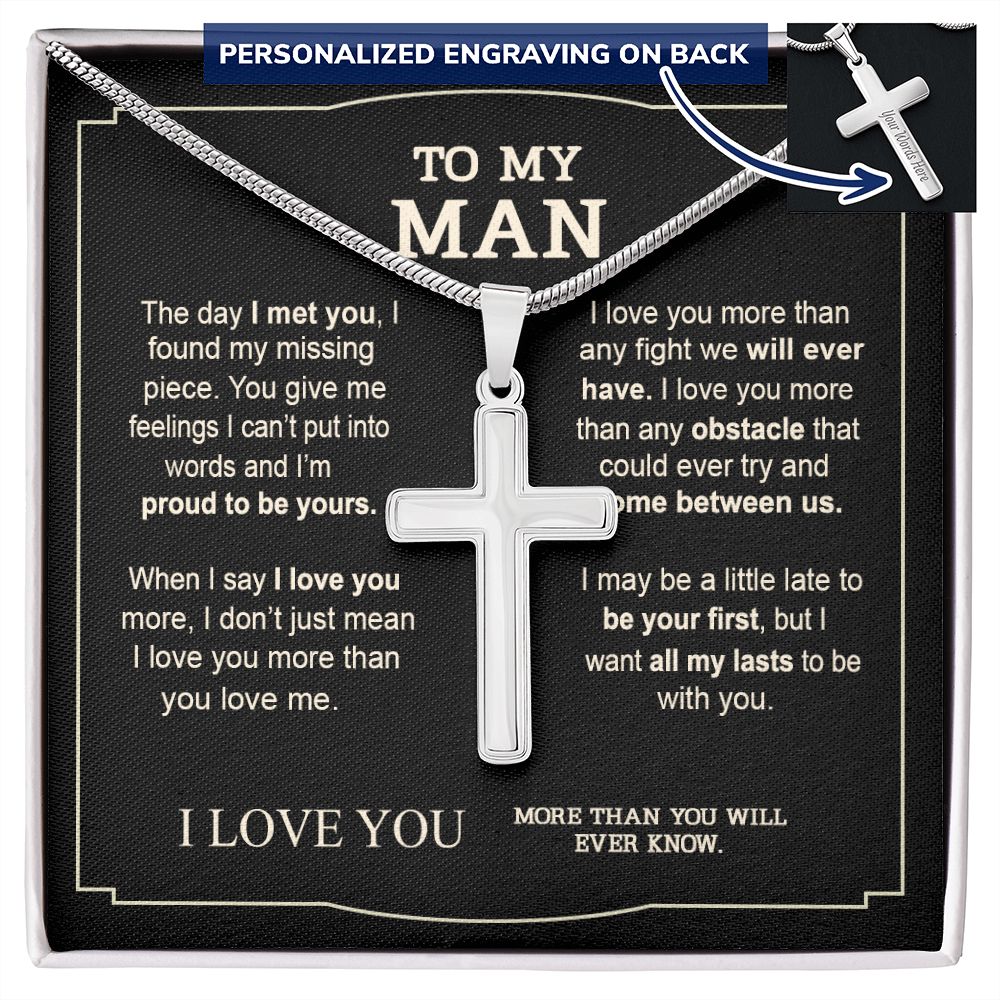 To My Man Cross Necklace Gifts For Man On Birthday Gift Communion Present Necklace From Fiancee, Soulmate Jewelry For Men, Stainless Artisan Crafted Cross Necklace Gift For Man with Message Card Personalized Cross Necklace